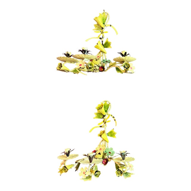 Italian Floral Tôle Peinte Candle Sconces, a Pair For Sale