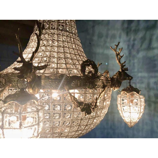Pair of Vintage French Louis XVI-Style Bronze Chandeliers With Regal Deer Motif & Gold Finish For Sale - Image 10 of 12