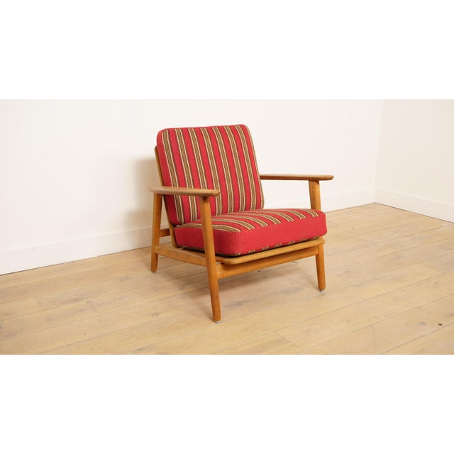 1960s Danish Teak and Oak Lounge Chair with Red and Green Striped Fabric, 1960s For Sale - Image 5 of 18