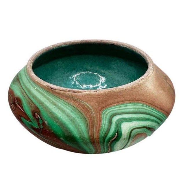 Ceramic Marbled Roadside Pottery Malachite Look Bowl in With Glazed Turquoise Interior For Sale - Image 7 of 7