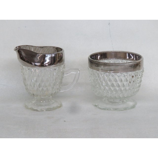 Mid 20th Century Indiana Diamond Point Creamer Sugar Bowl Set Clear Glass Silver Tone Rim 4538b For Sale In Miami - Image 6 of 12