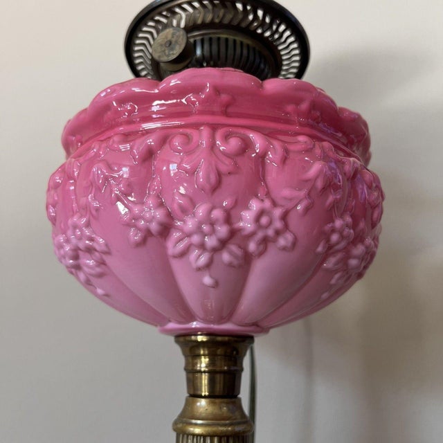 Victorian Antique Victorian Cranberry Pink Milk Glass Oil Lantern Turned Into Electric Parlor Lamp For Sale - Image 3 of 14