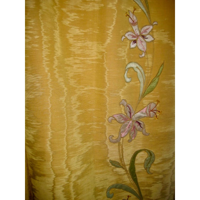 French Art Nouveau Yellow Moire Silk and Flowers Castle Curtains Drapes - A Pair For Sale - Image 11 of 12