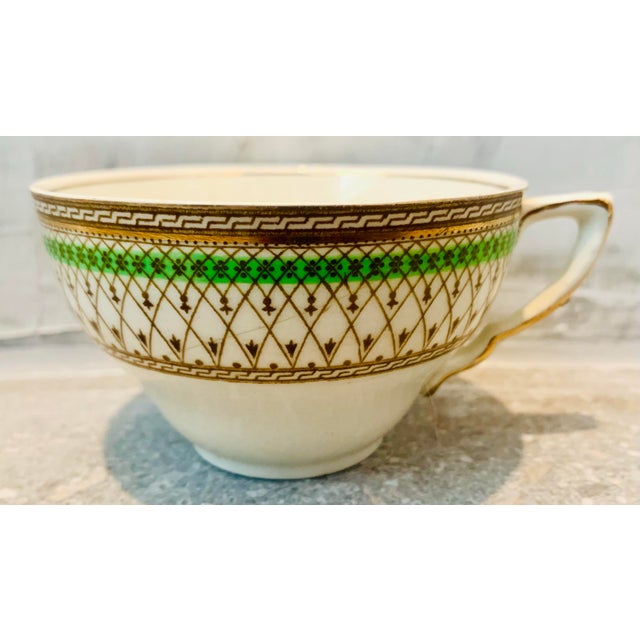 White Antique English Bone China J & G Meakin Tea, Coffee Cup & Saucer, Westminster Pattern Featuring an Intricate Green & Gold Band on White- Set of 6 For Sale - Image 8 of 12