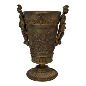 Neoclassical Bronze Trophy Cup With Battle Relief on Marble Base – 5" W X 7" T