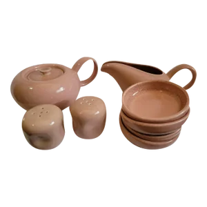 Mid Century Russel Wright American Modern Pottery Coral Pink Serving Set- 8 Pieces