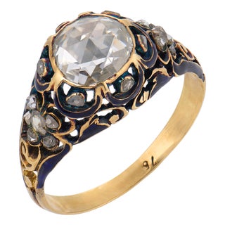 19th Century Victorian Rose Cut Diamond 18k Yellow Gold Enamel Engagement Ring, Size 7 For Sale