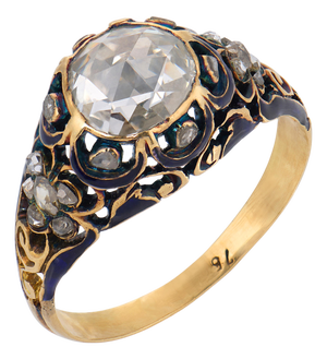 19th Century Victorian Rose Cut Diamond 18k Yellow Gold Enamel Engagement Ring, Size 7