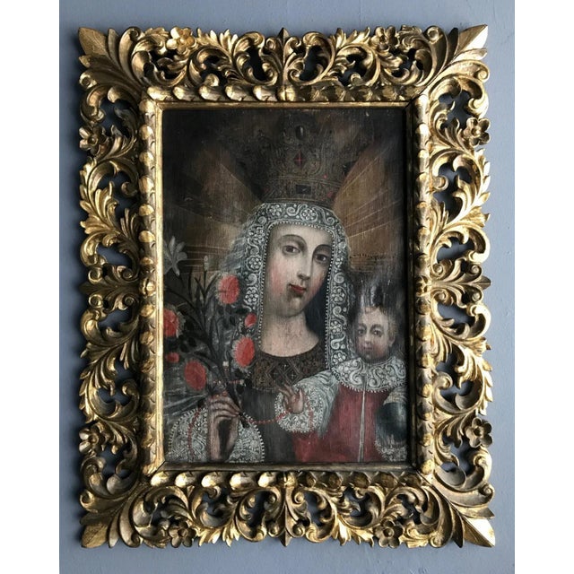 Red Framed Antique Spanish Colonial Painting Cuzco School For Sale - Image 8 of 10