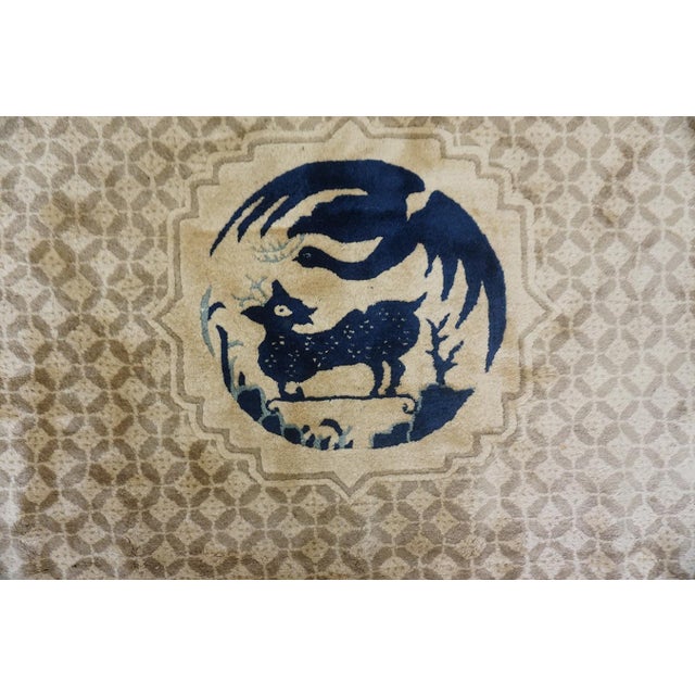 Chinese 1920s Traditional Antique Beige Chinese Animal Geometric Knotted Gallery Rug For Sale - Image 3 of 8