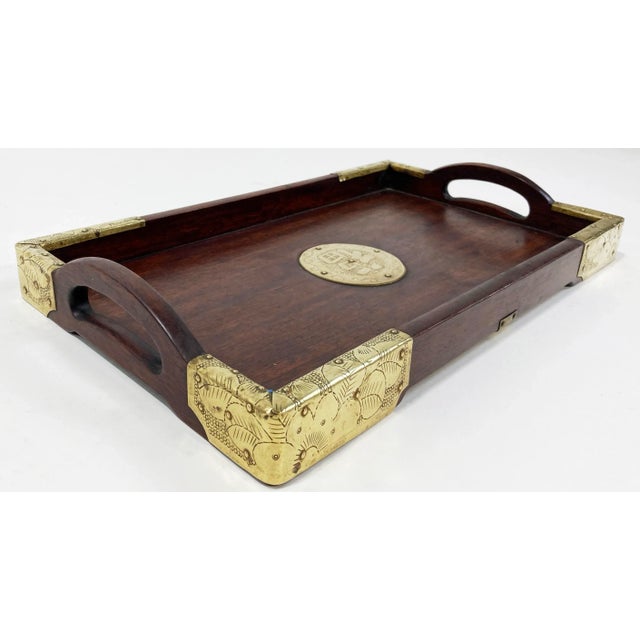 Vintage Asian Motif Rosewood Tray W/ Brass Hardware For Sale In Kansas City - Image 6 of 10