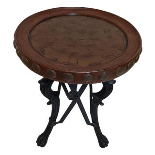 Vintage Round Accent Table With Foldable Lion Legs Black Brown For Sale