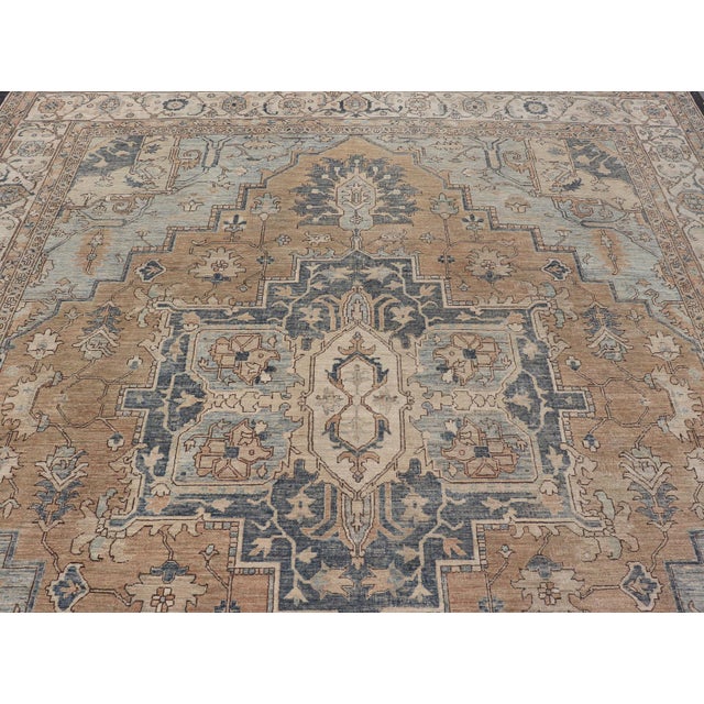 Large Serapi Design Rug With Camel Field and Blue Medallion Pattern 12'3"x14'7" For Sale - Image 12 of 17