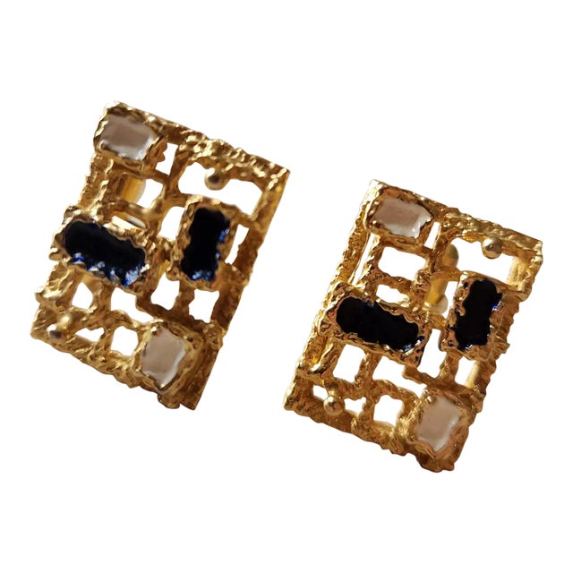 1970s Brutalist Christian Dior Gold Tone Enamel Stone Cufflinks For Sale