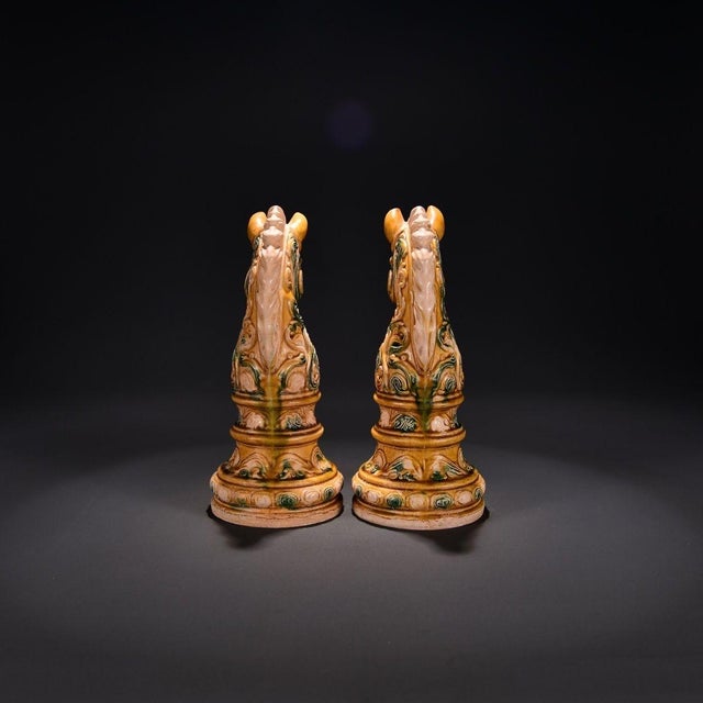 Cream Pair of Vintage Sancai Glazed Horse Head Figurines / Sculptures For Sale - Image 8 of 9