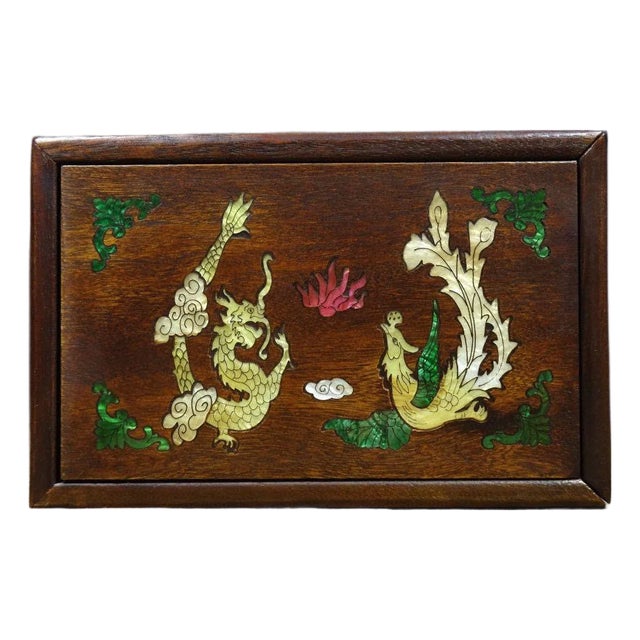 Vintage Rosewood Box With Mother-of-Pearl Dragon & Phoenix Inlay For Sale