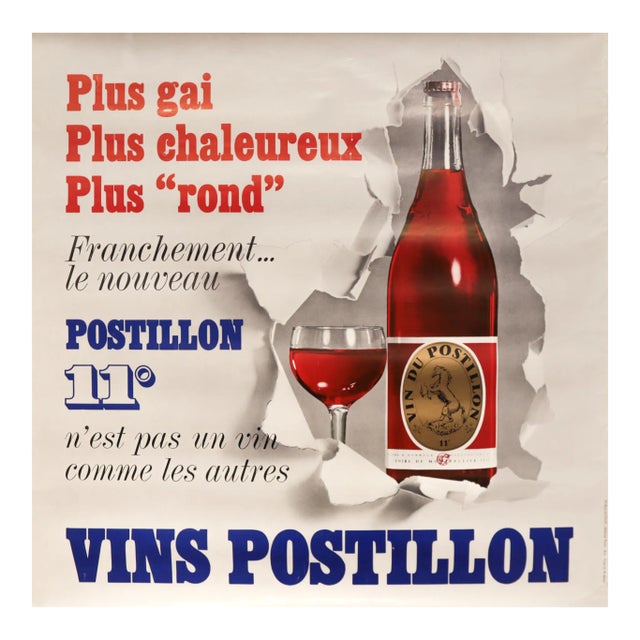 1990s French Wine Poster - "Vins Postillon" - Plus Gai, Plus Chaleureux For Sale