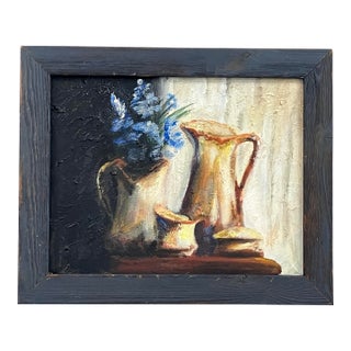 Vintage Oil Still Life With Blue Flowers and Pitchers, Mid-Century For Sale