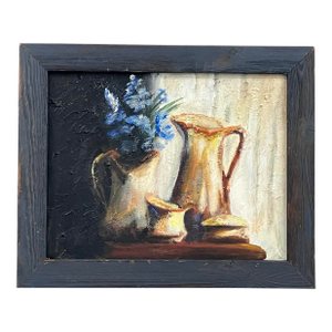 Vintage Oil Still Life With Blue Flowers and Pitchers, Mid-Century