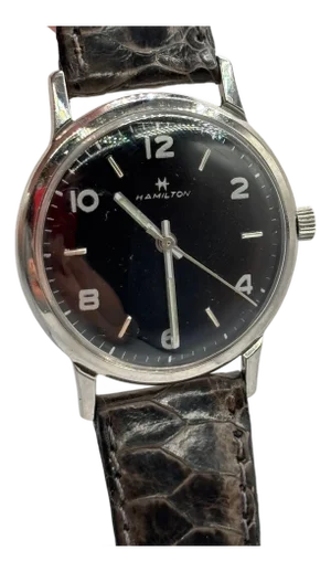 1950 Hamilton Thin-O-Matic Wristwatch W/ Black Dial on Leather Band