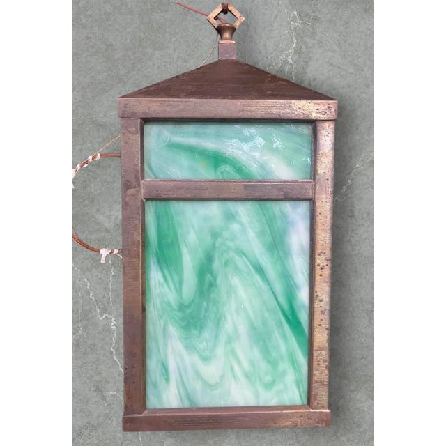 Mission 1920s Mission Pendant Light With Green Slag Glass For Sale - Image 3 of 6