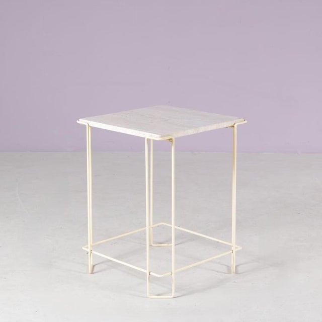 Metal Side Table in Beige Metal Frame with Travertine Top in the style of Max Sauze, 1980s For Sale - Image 7 of 8
