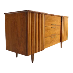Danish Mid Century Modern Long Walnut Dresser Super Clean 3 Drawers Two Doors