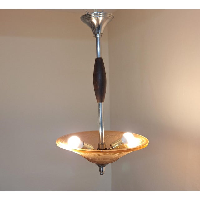 Vintage French Art Deco Pendant Lamp with Pink-Tinted Relief Glass Shade, 1920s For Sale - Image 3 of 7