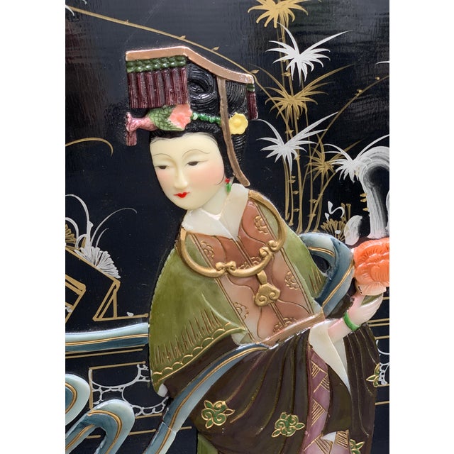 Vintage Chinoiserie Black Lacquer Inlaid Room Divider Screen For Sale - Image 9 of 12