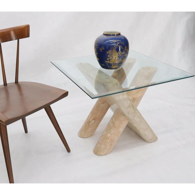Tessellated Stone Rounded X-Shape Base Side Occasional Square Glass Top Table For Sale - Image 9 of 13