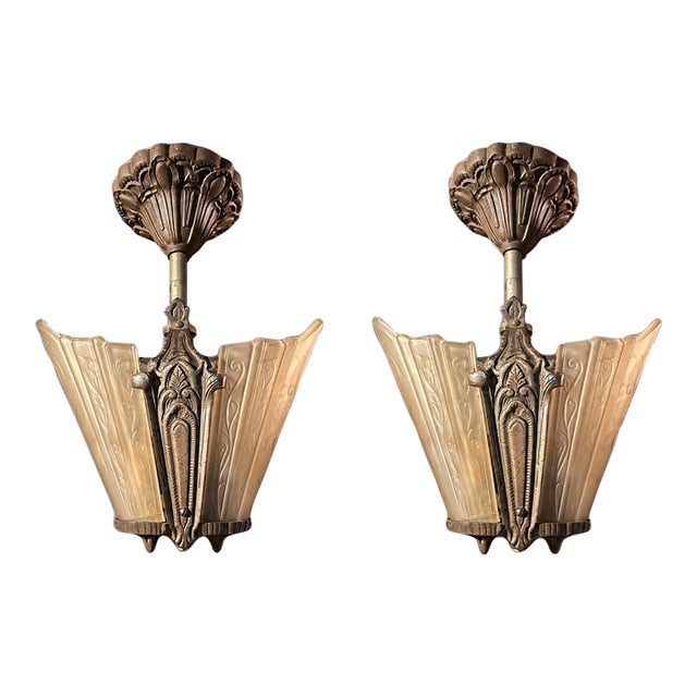 Pair Antique Art Deco 2 Light Ceiling Fixtures Amber Glass Slip Shades 1930s For Sale