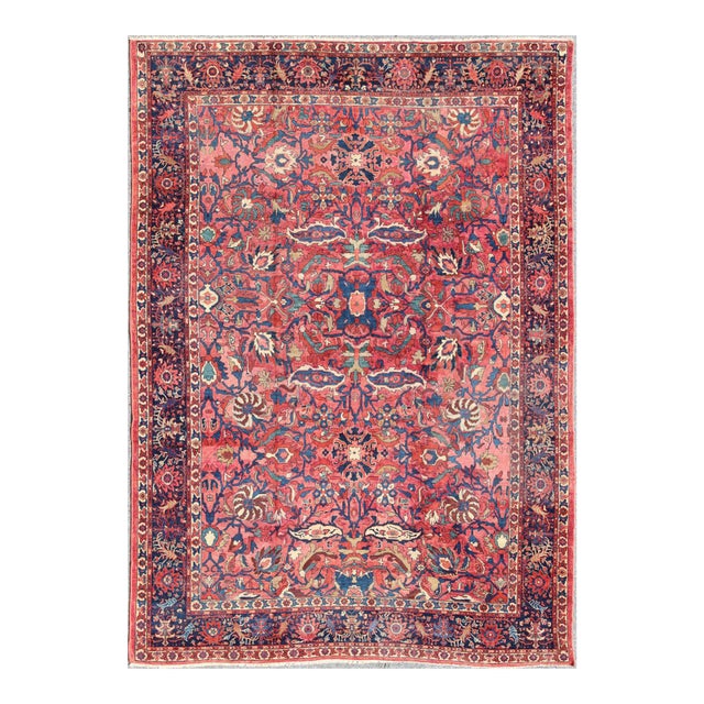 Large Antique Persian Sultanabad Rug With Large Palmettes in Rose Red and Blue 10'8 X 14'8 For Sale