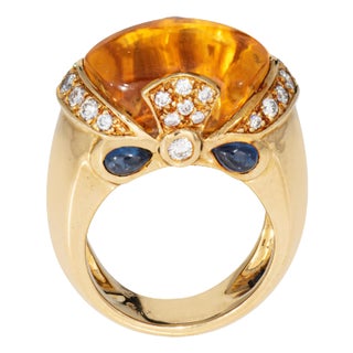 1990s Citrine Sapphire Diamond Ring Vintage 18k Yellow Gold Sz 5 Cocktail Jewelry For Sale