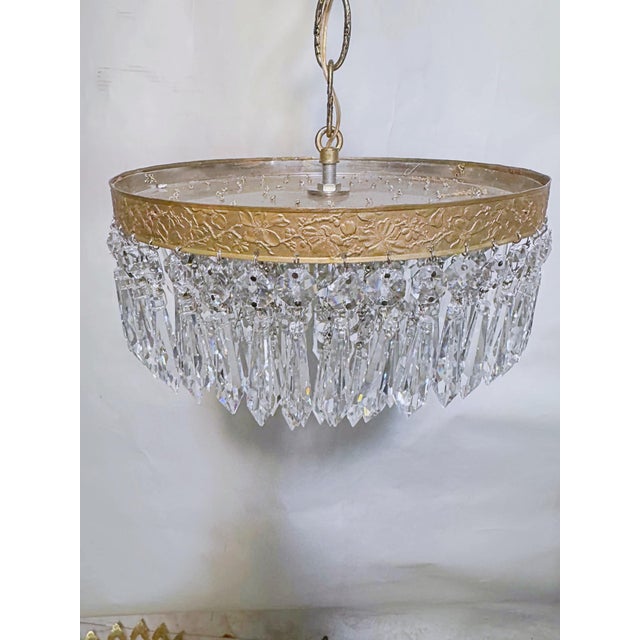 Metal Vintage Hollywood Regency Floral Embossed Brass Tiered Waterfall Crystal Flush Mount Chandelier For Sale - Image 7 of 7