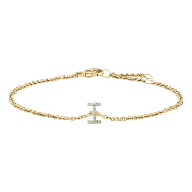 10K Yellow Gold Diamond Accent "I" Initial Charm and Link Bracelet For Sale