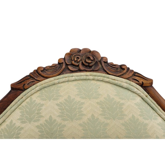 Vintage French Louis XV Style Carved Wood Wingback Bergère Chairs in Pale Green Damask – Pair For Sale In Raleigh - Image 6 of 12