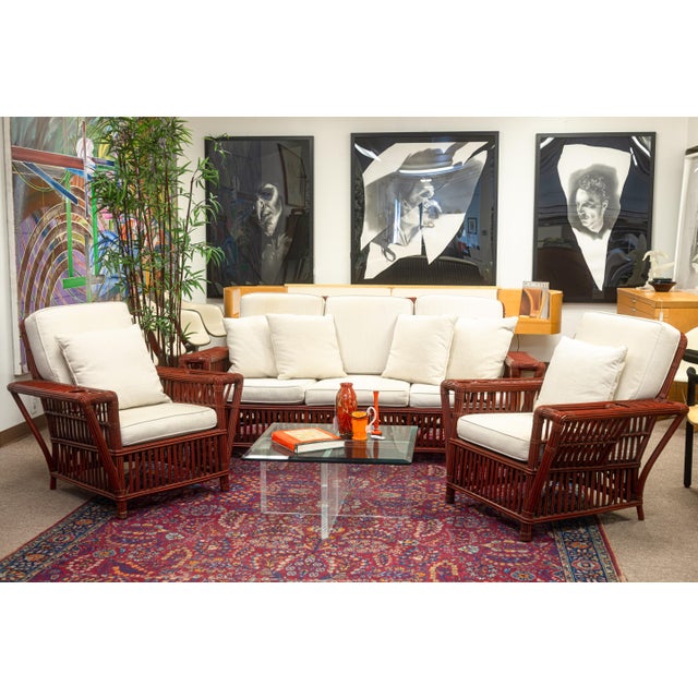 Pair of Vintage Palecek President's Chairs Red Rattan White Cushion Patio Chairs For Sale - Image 16 of 16