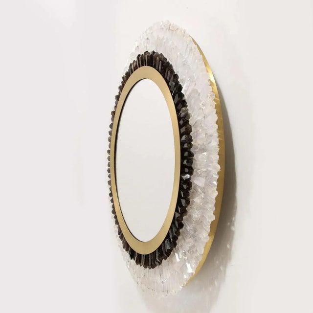 Modernist Brushed Brass, White & Smoked Rock Crystal Circular Wall Mirror For Sale - Image 9 of 12