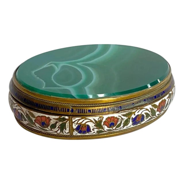 French Gilt Metal Champleve Enamel and Green Agate Snuff or Pill Box For Sale