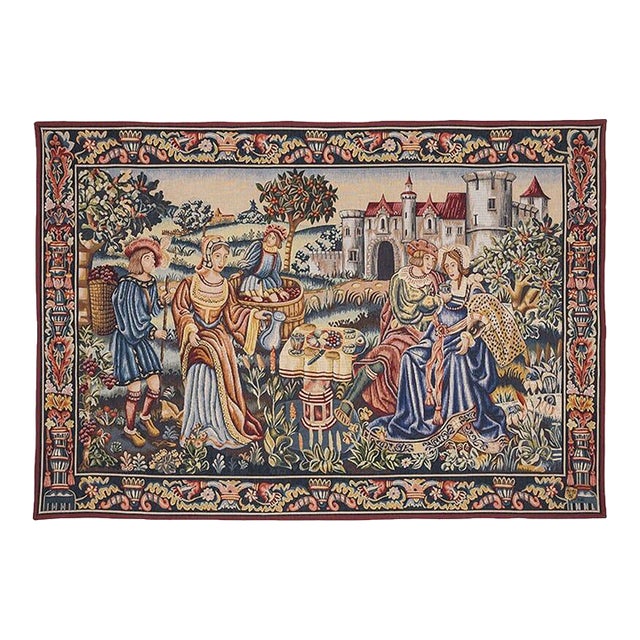 Medieval Wine Banquet Loom Woven Tapestry - 98 X 142 Cm (3'3" X 4'8") - Requires Rod Size 4 For Sale