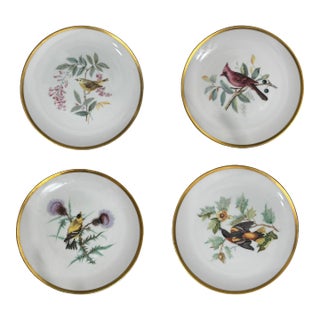 Vintage Hutschenreuther Selb Bavaria Audubon Bird Porcelain Dessert Plates – Set of 4, 24k Gold Rim For Sale