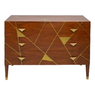 Unusual Brass- Inlaid Mahogany Chest With Geometric Pattern and Bronze Pulls For Sale