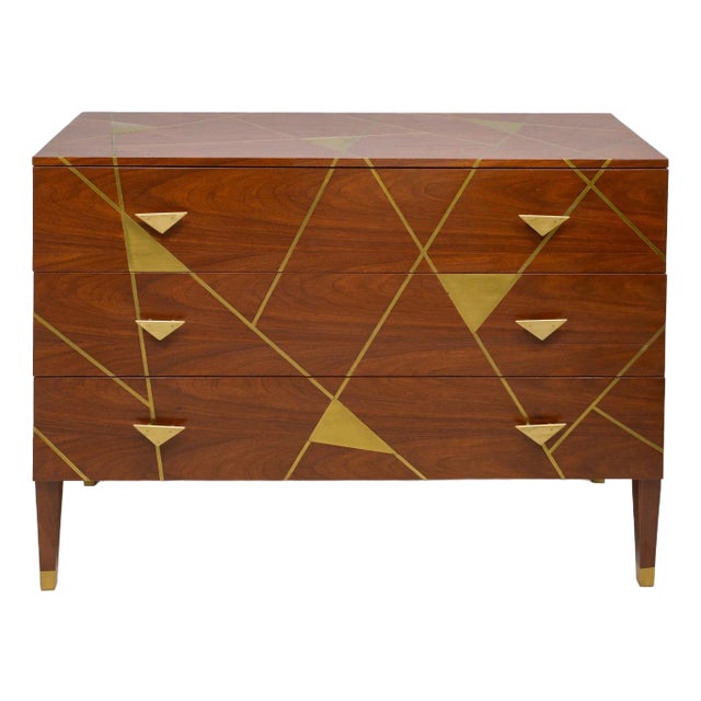 Unusual Brass- Inlaid Mahogany Chest With Geometric Pattern and Bronze Pulls For Sale