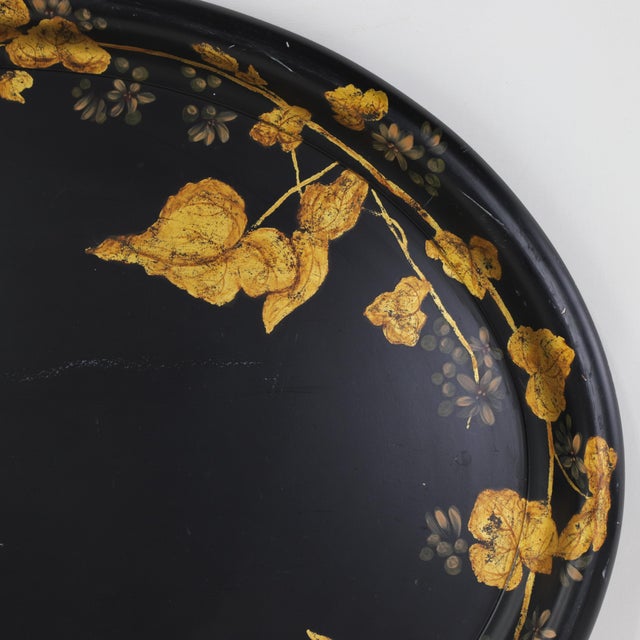 Antique 19th Century Paper Mache Oval Tray - Black Lacquer With Hand Painted Gold Gilt Ivy Design For Sale - Image 13 of 14