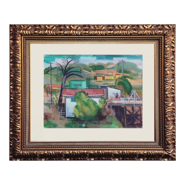Early 20th Century California Industrial Landscape Watercolor Painting, Framed For Sale