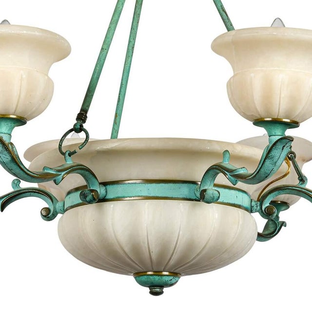 Bronze Verdigris & Alabaster Six-Light Tulip Chandelier, European, Circa 1925 For Sale - Image 4 of 6