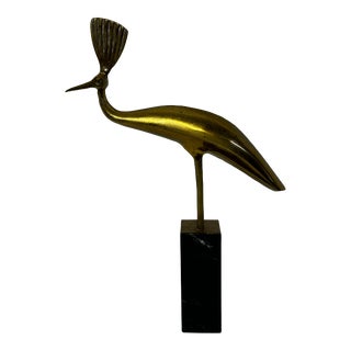 Modernist Brass Peacock Sculpture on Marble Base For Sale