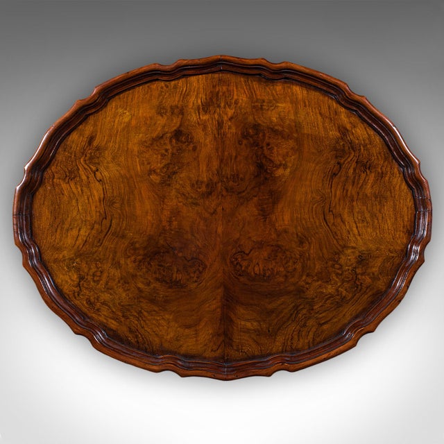 Wood Antique Oval Side Table, English, Burr Walnut, Lamp, Wine, Pie Crust, Edwardian For Sale - Image 7 of 12