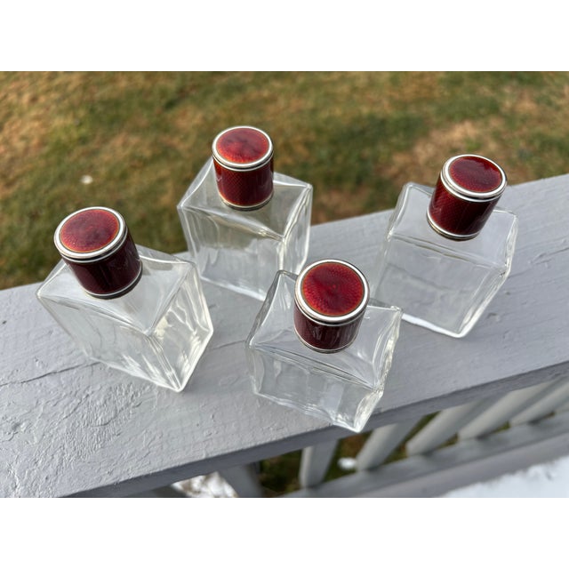 19th C. Red Guilloche Enamel, Sterling and Crystal Vessels - Set of Four Large Fragrance Bottles For Sale - Image 4 of 10
