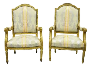 Late 20th Century Vintage French Louis XVI Gold Giltwood Upholstered Lounge Chairs B - A Pair